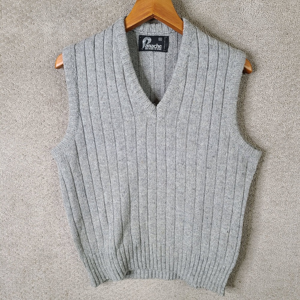 Vintage Panache Sweater Vest Women XL Gray V Neck Ribbed Knit Acrylic Wool Blend